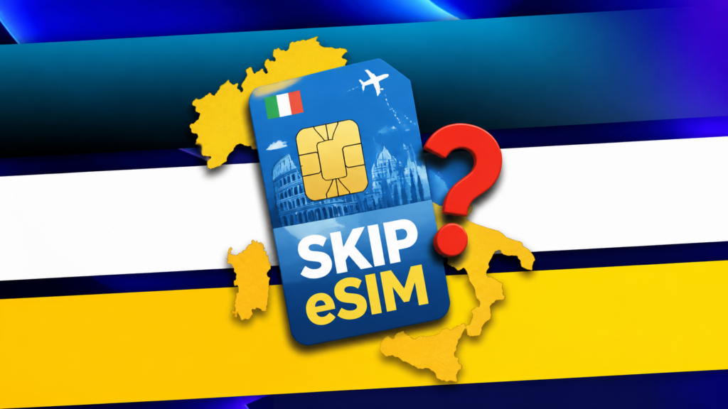 An Italian tourist SIM card over a map of Italy with the words Skip eSIM