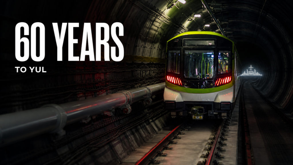 A REM light-rail train inside the tunnel heading toward the YUL airport station, captioned 60 years to YUL