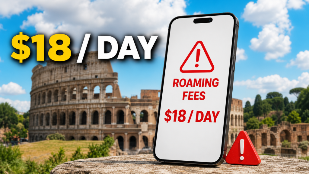 Smartphone displaying a roaming fees eighteen dollars per day warning in front of the Colosseum in Rome